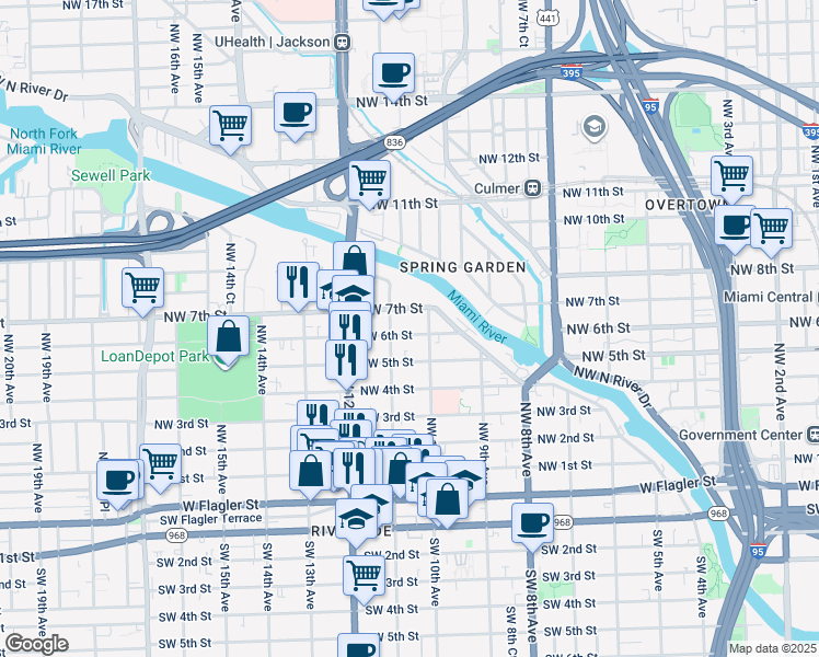 map of restaurants, bars, coffee shops, grocery stores, and more near 1044 Northwest 6 Street in Miami