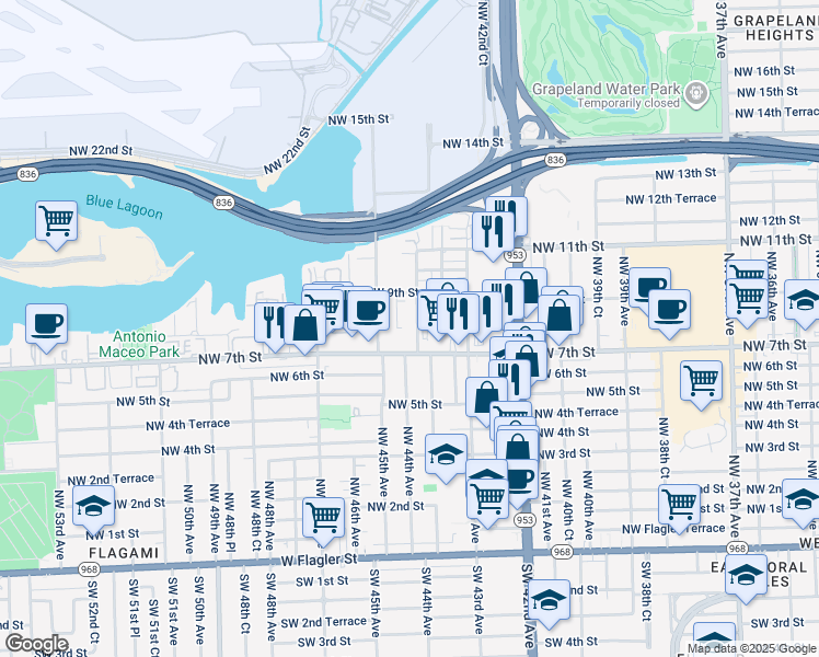 map of restaurants, bars, coffee shops, grocery stores, and more near 4387 Northwest 7th Street in Miami