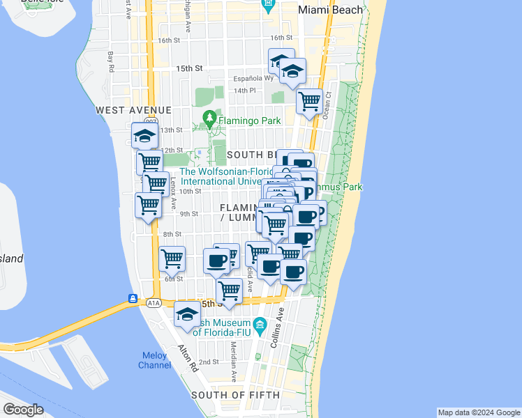 map of restaurants, bars, coffee shops, grocery stores, and more near in Miami Beach