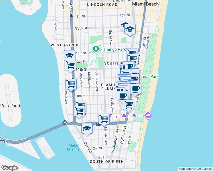 map of restaurants, bars, coffee shops, grocery stores, and more near in Miami Beach