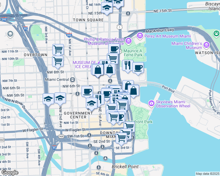 map of restaurants, bars, coffee shops, grocery stores, and more near 215 Southwest 5th Avenue in Miami