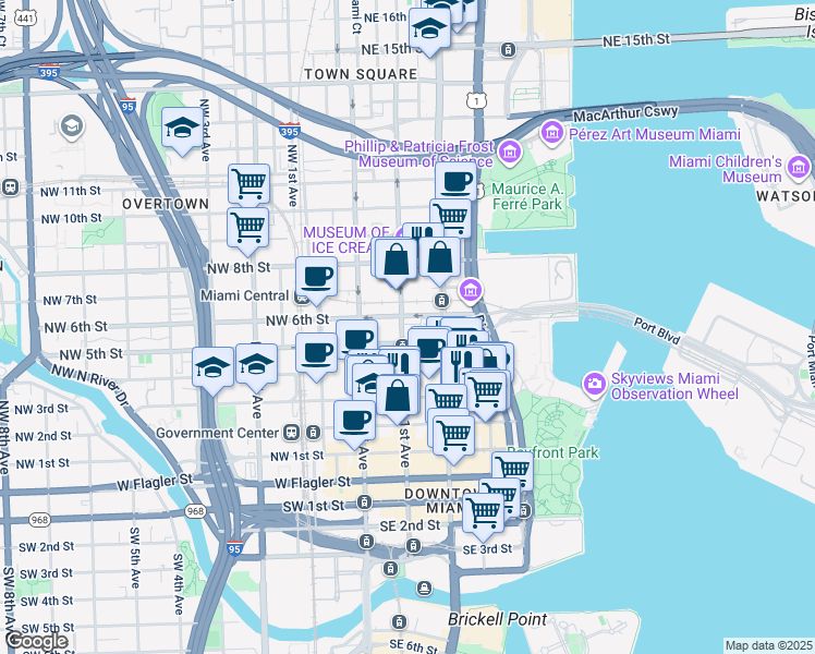 map of restaurants, bars, coffee shops, grocery stores, and more near 7 Northeast 5th Street in Miami
