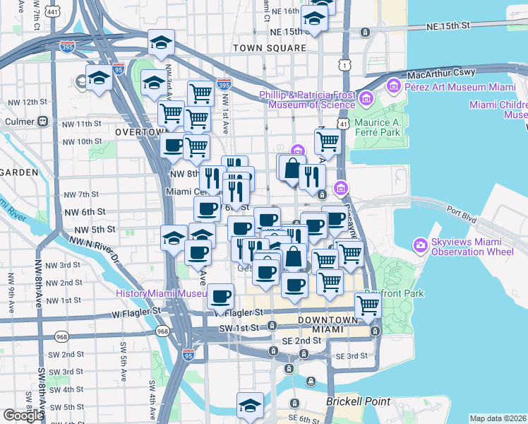 map of restaurants, bars, coffee shops, grocery stores, and more near 538 North Miami Avenue in Miami