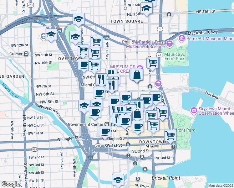 map of restaurants, bars, coffee shops, grocery stores, and more near 538 North Miami Avenue in Miami