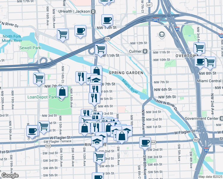 map of restaurants, bars, coffee shops, grocery stores, and more near 1044 Northwest 6th Street in Miami