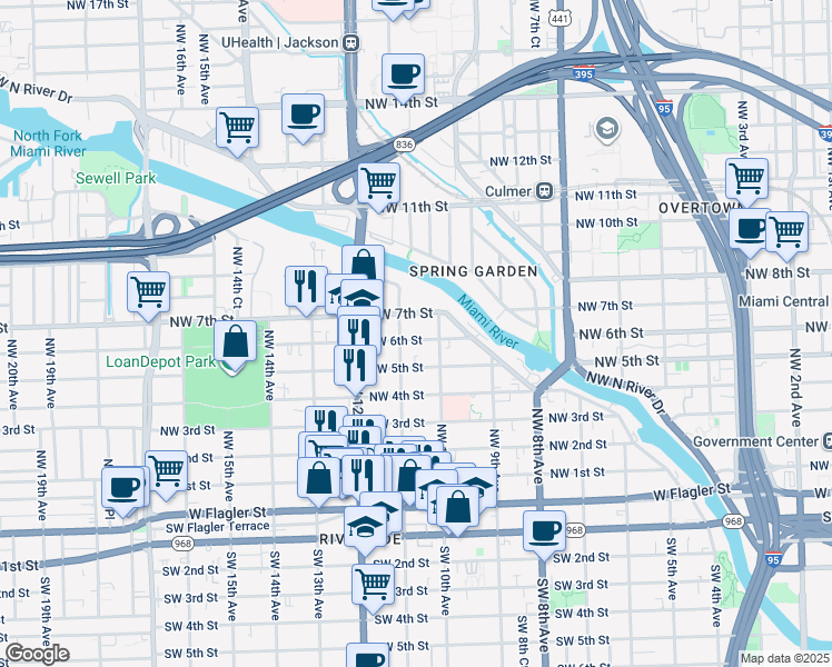 map of restaurants, bars, coffee shops, grocery stores, and more near 1044 Northwest 6 Street in Miami