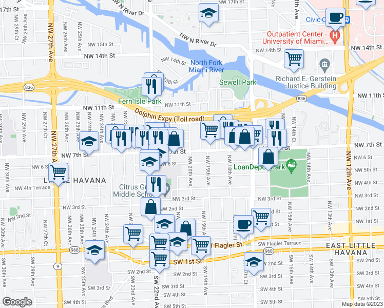 map of restaurants, bars, coffee shops, grocery stores, and more near 1937 Northwest 6 Street in Miami