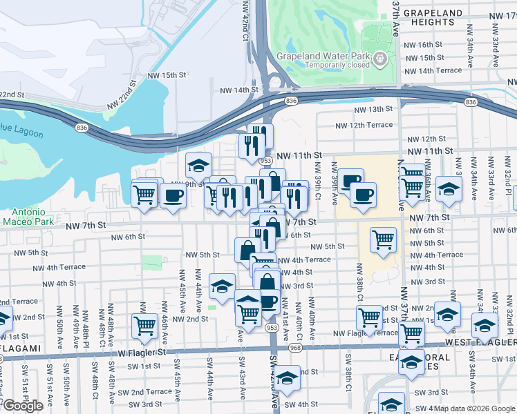 map of restaurants, bars, coffee shops, grocery stores, and more near 782 Northwest 42nd Avenue in Miami