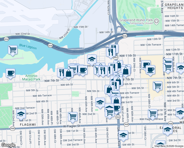 map of restaurants, bars, coffee shops, grocery stores, and more near 4387 Northwest 7th Street in Miami