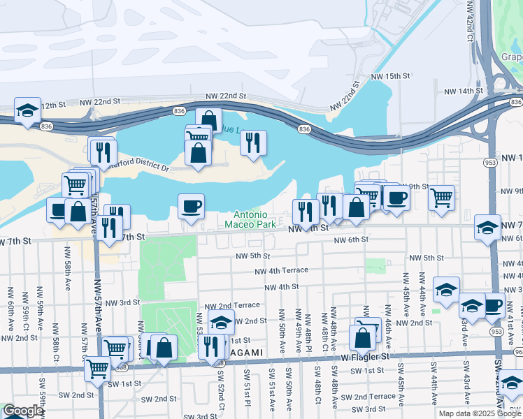 map of restaurants, bars, coffee shops, grocery stores, and more near 5135 Northwest 7th Street in Miami