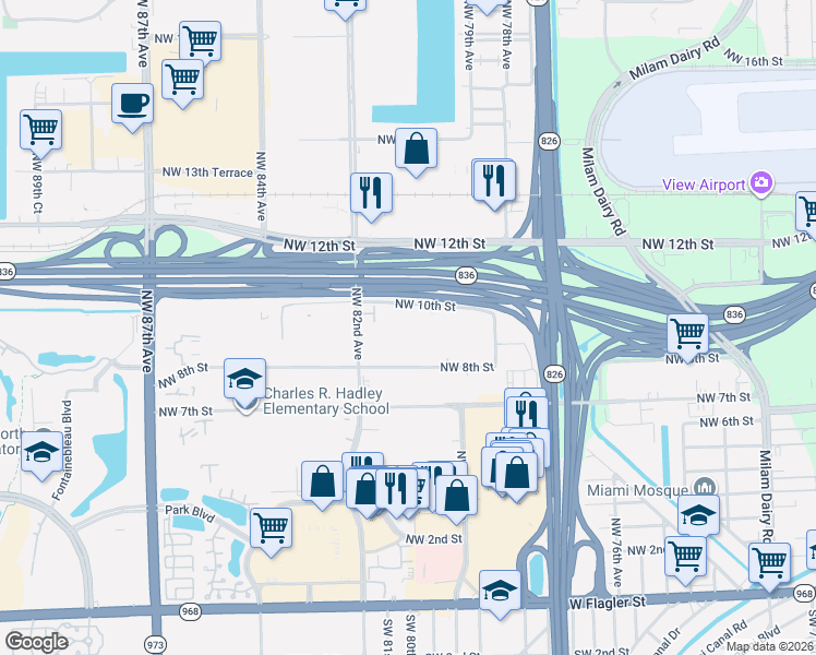 map of restaurants, bars, coffee shops, grocery stores, and more near 8087 Northwest 8th Street in Miami