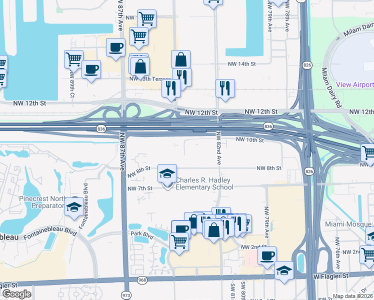 map of restaurants, bars, coffee shops, grocery stores, and more near 8340 Northwest 10th Street in Miami