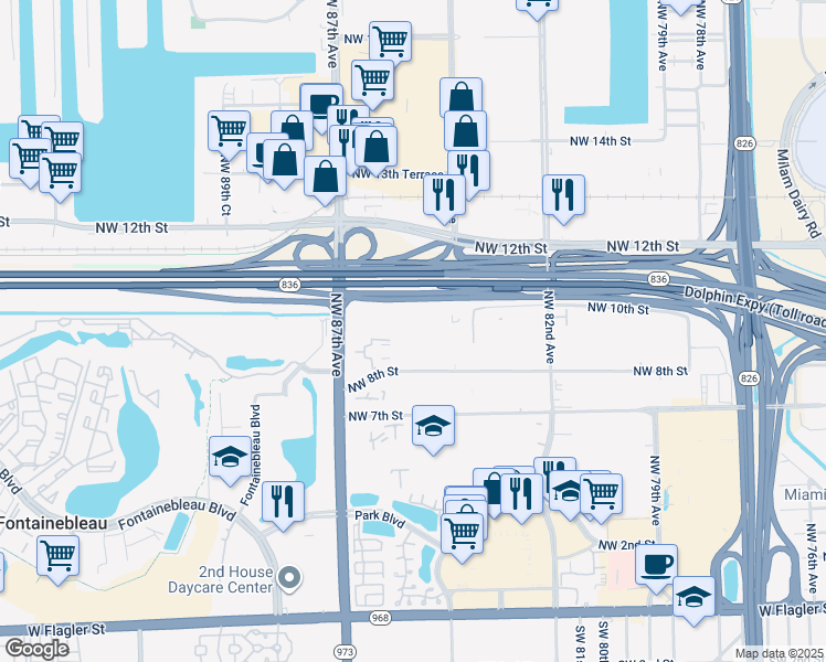 map of restaurants, bars, coffee shops, grocery stores, and more near 8405 Northwest 8th Street in Miami
