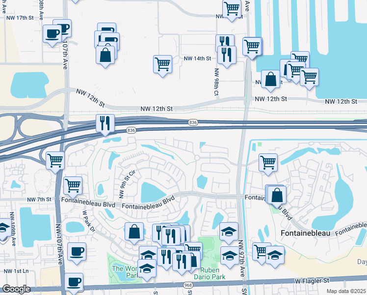 map of restaurants, bars, coffee shops, grocery stores, and more near 9924 Northwest 10th Street in Miami