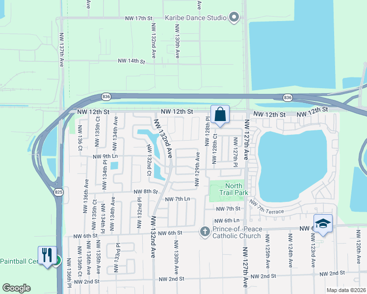 map of restaurants, bars, coffee shops, grocery stores, and more near 12959 Northwest 9th Terrace in Miami