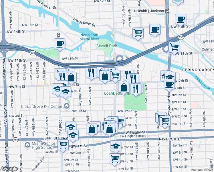 map of restaurants, bars, coffee shops, grocery stores, and more near 1777 Northwest 6 Street in Miami