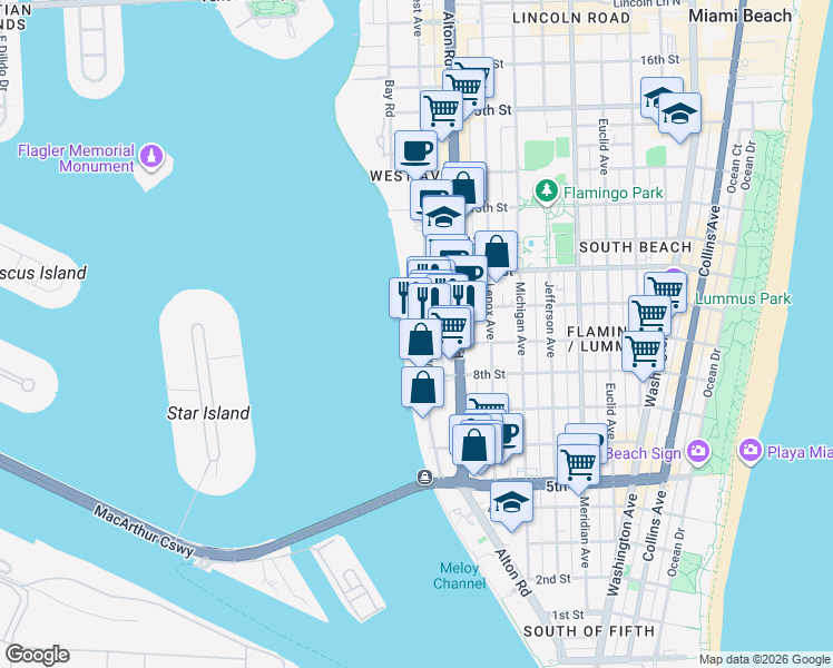 map of restaurants, bars, coffee shops, grocery stores, and more near 900 West Avenue in Miami Beach