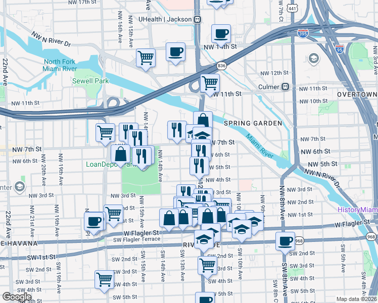 map of restaurants, bars, coffee shops, grocery stores, and more near 1236 Northwest 6 Street in Miami