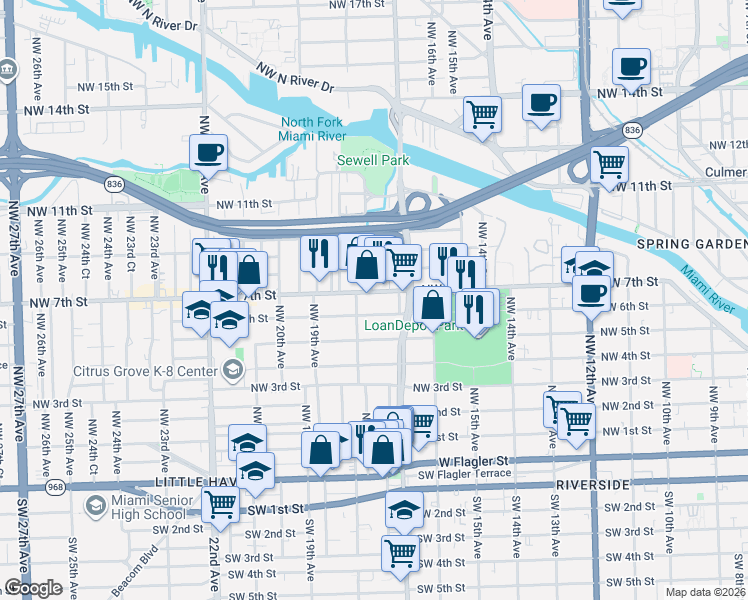 map of restaurants, bars, coffee shops, grocery stores, and more near 1777 Northwest 6 Street in Miami
