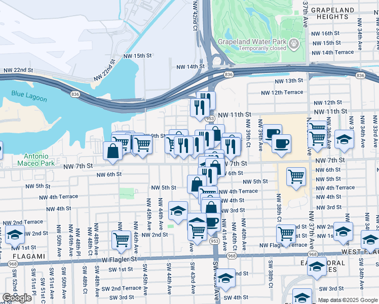 map of restaurants, bars, coffee shops, grocery stores, and more near 850 Northwest 42nd Avenue in Miami