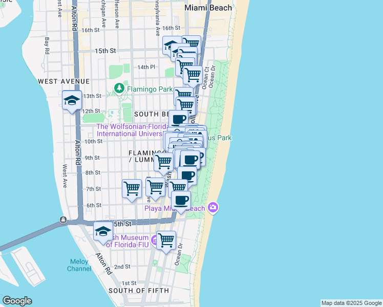 map of restaurants, bars, coffee shops, grocery stores, and more near 850 Ocean Court in Miami Beach
