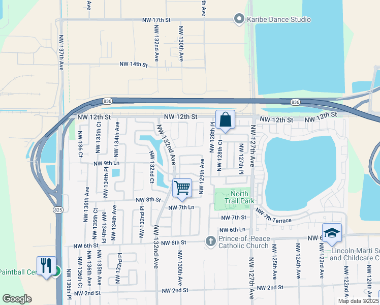 map of restaurants, bars, coffee shops, grocery stores, and more near 12959 Northwest 9th Terrace in Miami