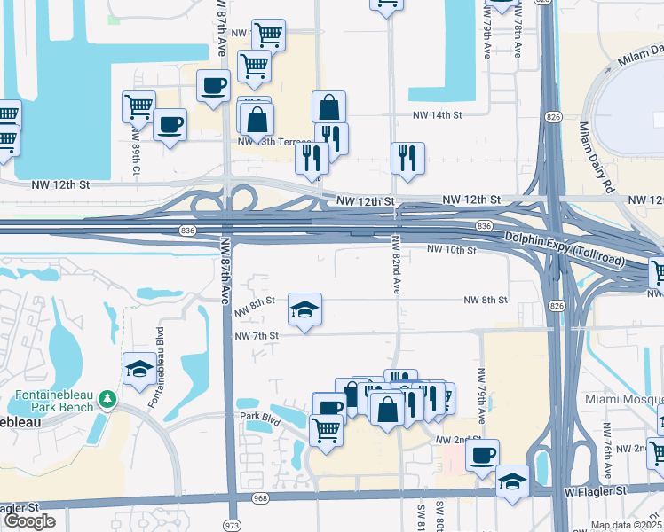 map of restaurants, bars, coffee shops, grocery stores, and more near 8340 Northwest 10th Street in Miami