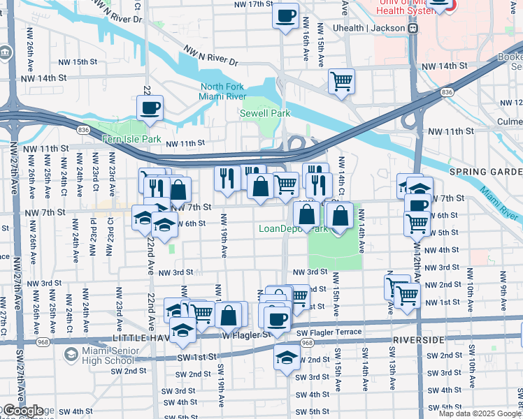 map of restaurants, bars, coffee shops, grocery stores, and more near 1777 Northwest 6th Street in Miami