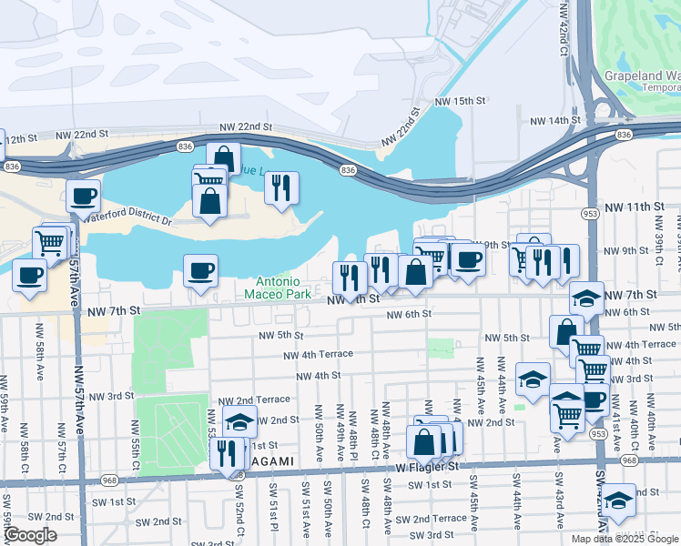 map of restaurants, bars, coffee shops, grocery stores, and more near 4865 Northwest 7th Street in Miami
