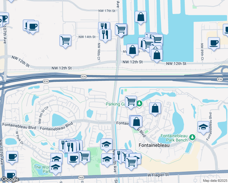 map of restaurants, bars, coffee shops, grocery stores, and more near 1061 Northwest 97th Avenue in Miami