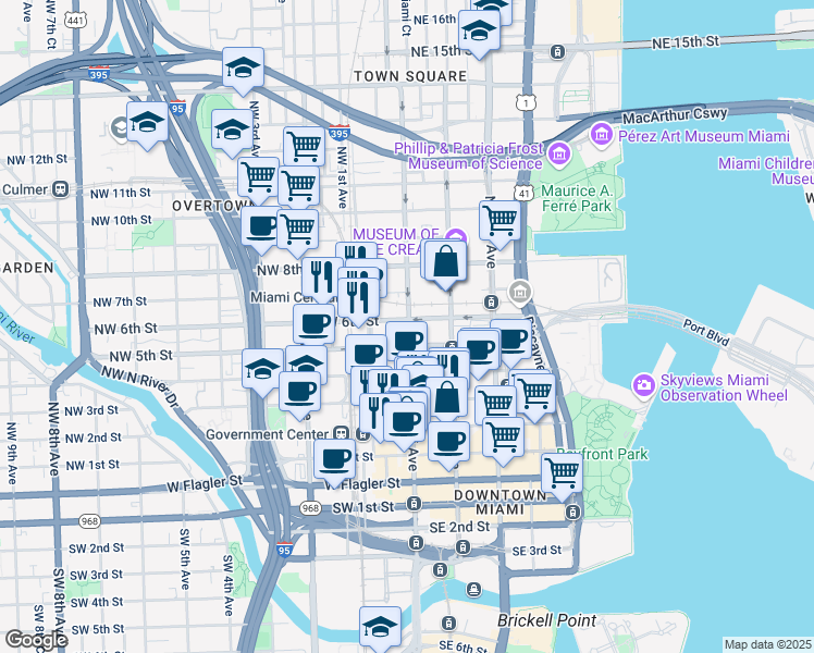 map of restaurants, bars, coffee shops, grocery stores, and more near 538 North Miami Avenue in Miami