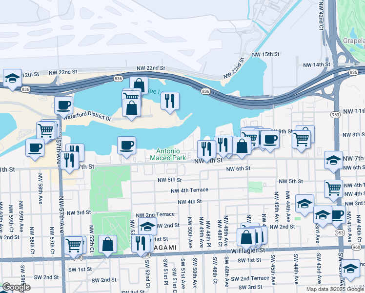 map of restaurants, bars, coffee shops, grocery stores, and more near 5033 Northwest 7th Street in Miami