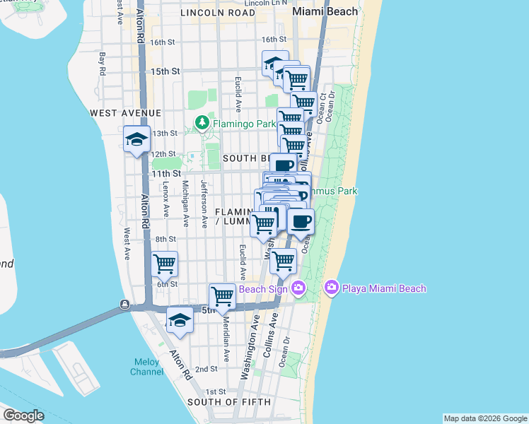 map of restaurants, bars, coffee shops, grocery stores, and more near 820 Jimmy Buffett Memorial Highway in Miami Beach
