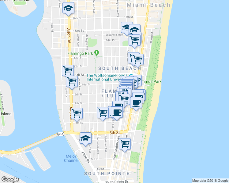 map of restaurants, bars, coffee shops, grocery stores, and more near in Miami Beach