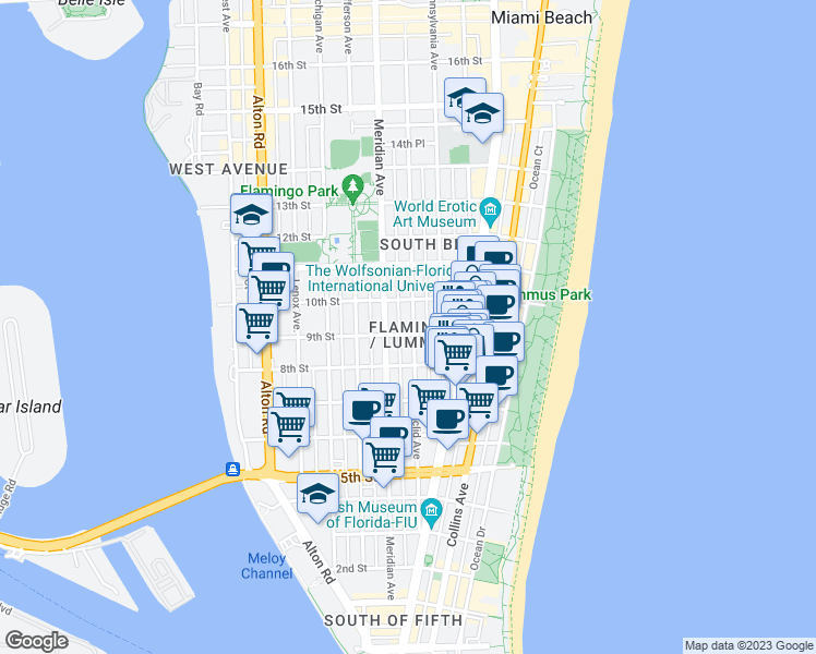 map of restaurants, bars, coffee shops, grocery stores, and more near 835 Meridian Avenue in Miami Beach