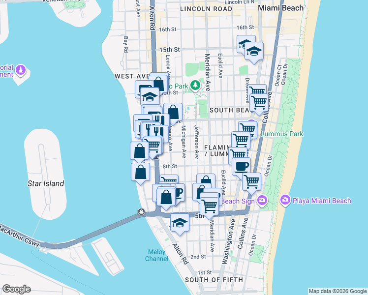 map of restaurants, bars, coffee shops, grocery stores, and more near in Miami Beach