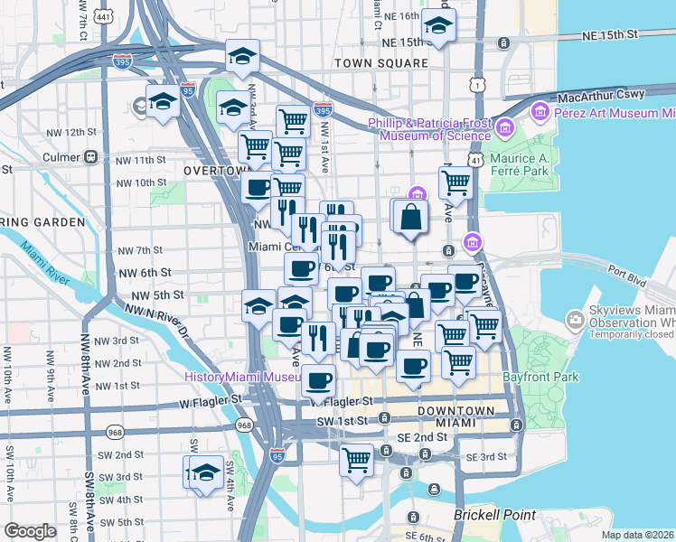 map of restaurants, bars, coffee shops, grocery stores, and more near 108 Southwest 5th Avenue in Miami