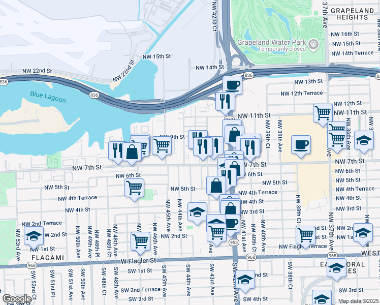 map of restaurants, bars, coffee shops, grocery stores, and more near 4387 Northwest 7th Street in Miami