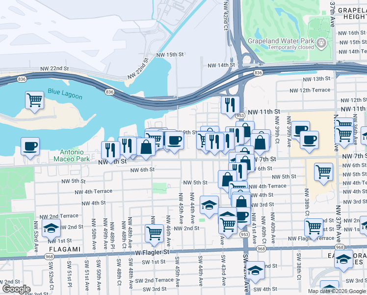 map of restaurants, bars, coffee shops, grocery stores, and more near in Miami