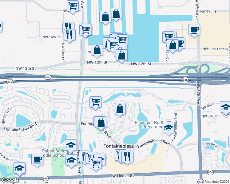 map of restaurants, bars, coffee shops, grocery stores, and more near 943 Northwest 97th Avenue in Miami