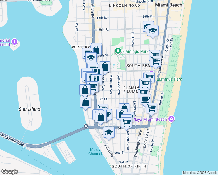 map of restaurants, bars, coffee shops, grocery stores, and more near 840 Michigan Avenue in Miami Beach