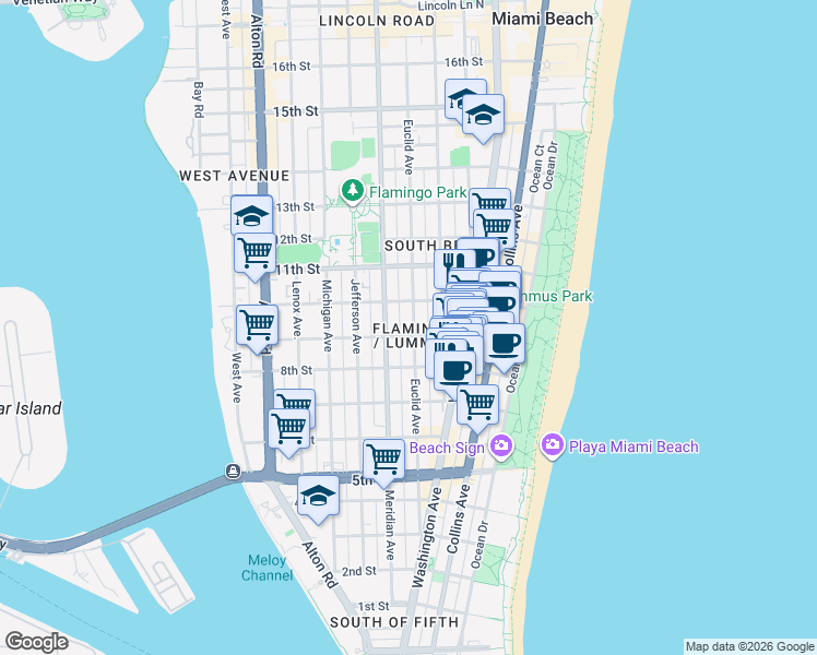 map of restaurants, bars, coffee shops, grocery stores, and more near 835 Meridian Avenue in Miami Beach