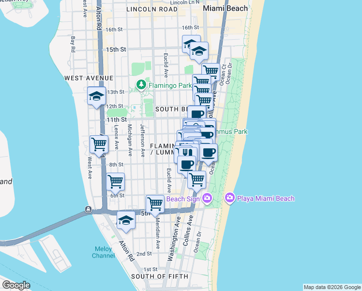 map of restaurants, bars, coffee shops, grocery stores, and more near in Miami Beach