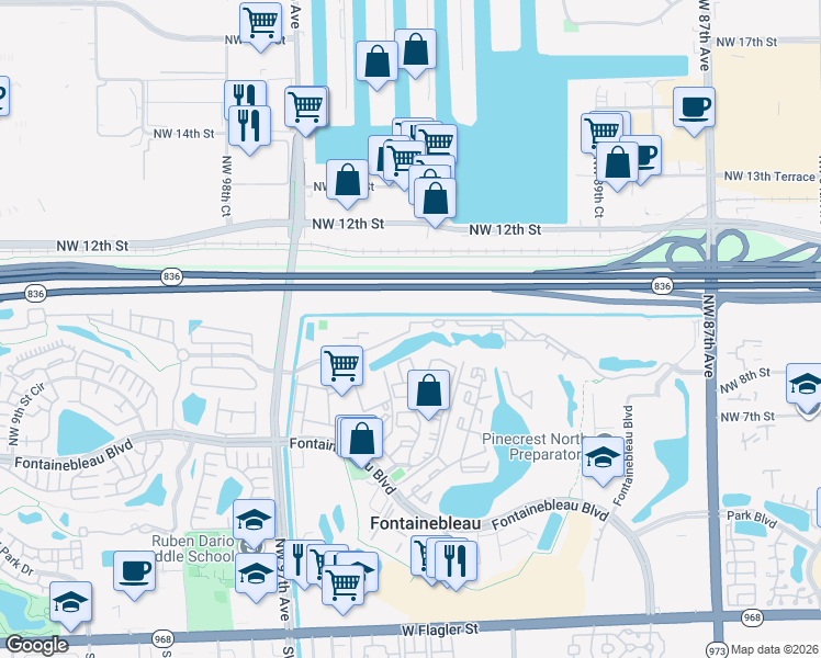 map of restaurants, bars, coffee shops, grocery stores, and more near 943 Northwest 97th Avenue in Miami