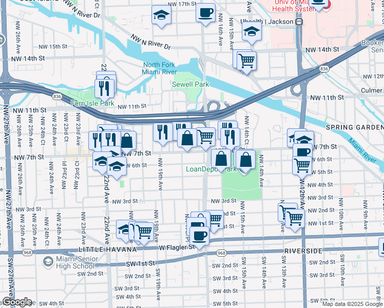 map of restaurants, bars, coffee shops, grocery stores, and more near 718 Northwest 18th Avenue in Miami