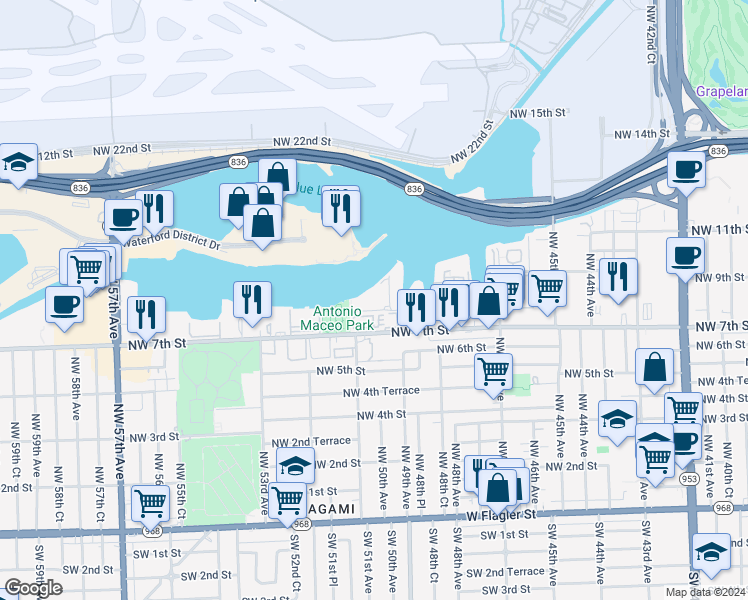 map of restaurants, bars, coffee shops, grocery stores, and more near 5099 Northwest 7th Street in Miami