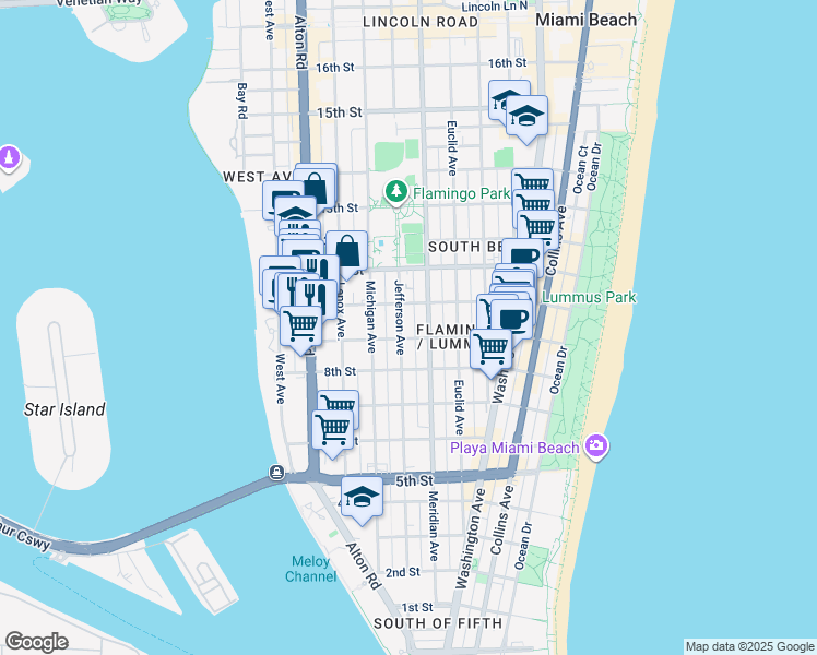 map of restaurants, bars, coffee shops, grocery stores, and more near 960 Jefferson Avenue in Miami Beach