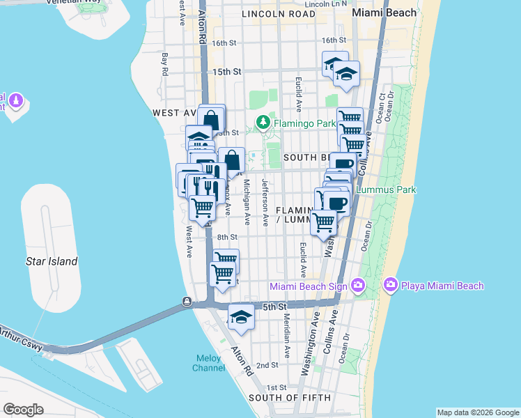 map of restaurants, bars, coffee shops, grocery stores, and more near 960 Jefferson Avenue in Miami Beach