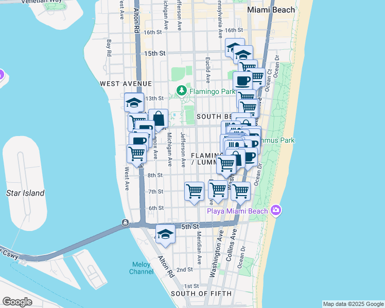 map of restaurants, bars, coffee shops, grocery stores, and more near 920 Meridian Avenue in Miami Beach