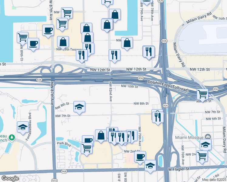 map of restaurants, bars, coffee shops, grocery stores, and more near 925 Northwest 82nd Avenue in Miami